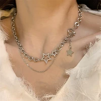 hip hop double layers full shinning rhinestone hollow star pendant necklace for women ladies alloy chokers necklace accessories