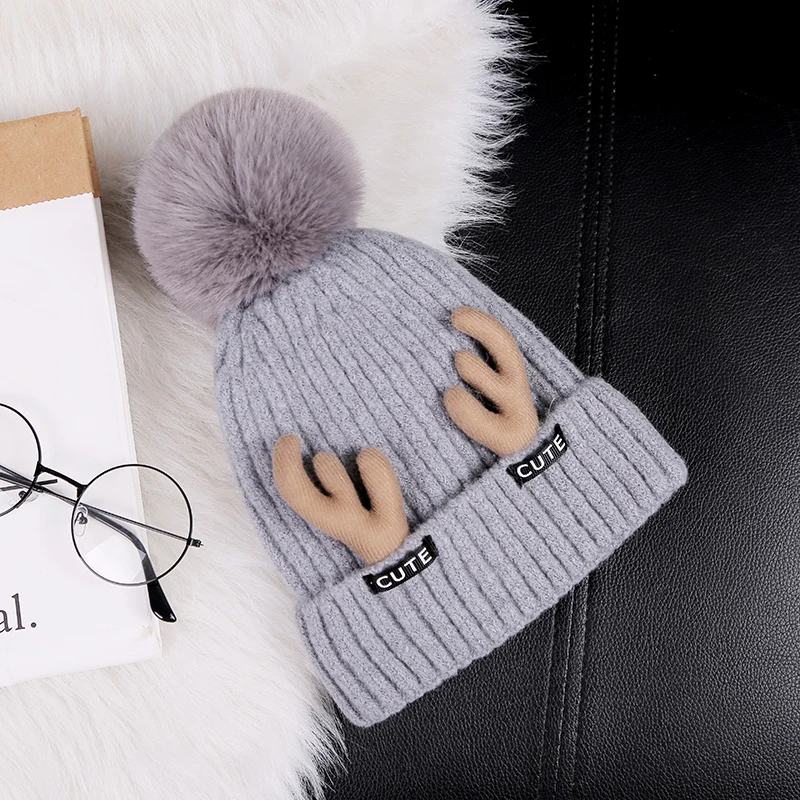 Новинка 2019 оленьи рога Женская Зимняя шерстяная шапка ins корейские теплые