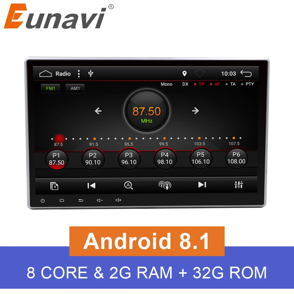 Eunavi 10 1 'ƈ Din Универсальный Android 8 автомобильный dvd плеер радио gps навигация Bluetooth