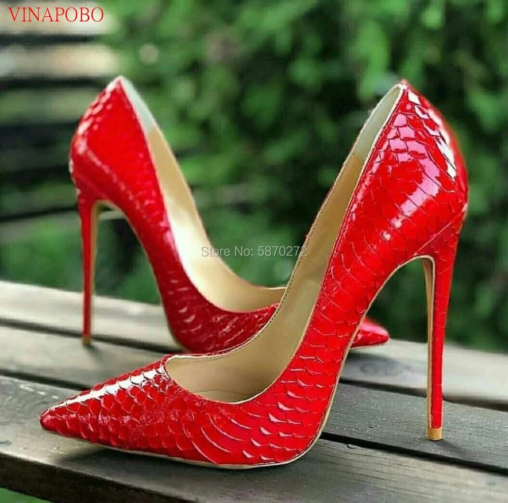 

Vinapobo Brand Red Snake Pattern Sexy Women Pointed Toe Stiletto Extremly High Heels Ladies Slip on Party Pumps Wedding Shoes