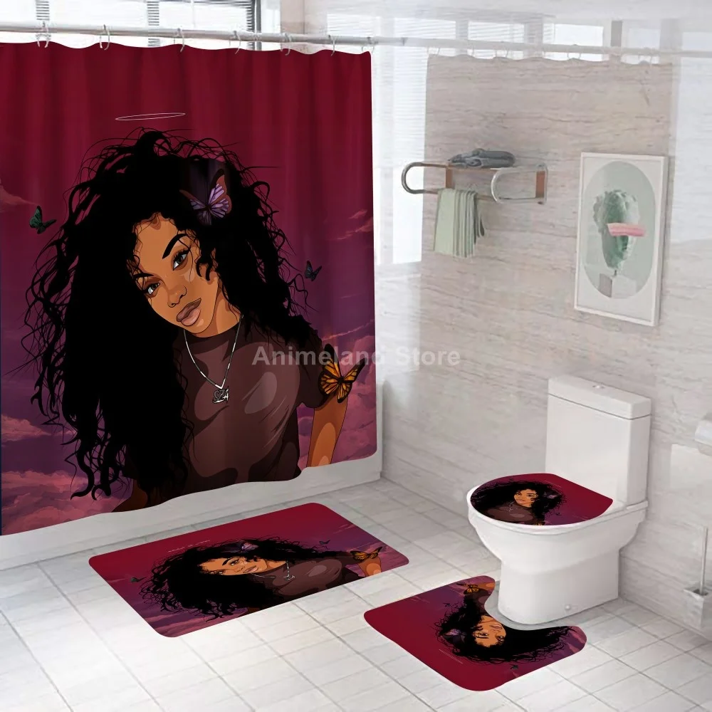 Cool Girl Crown Shower Curtains Black African Style Bathroom Curtain Bath Sets Toilet Cover Mat Non-Slip Washroom Rug Set Gift | Дом и сад