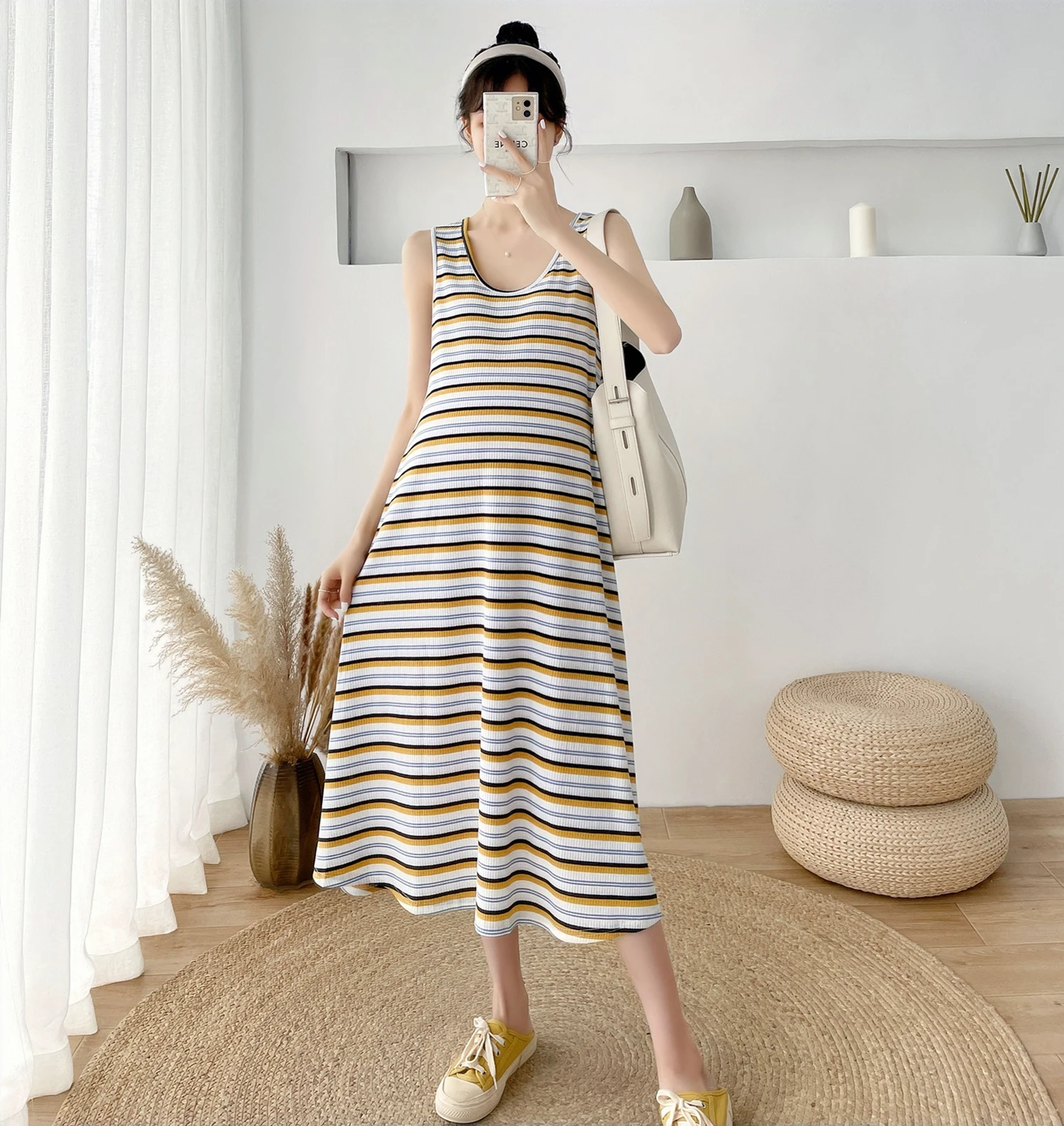 

A297# 2021 Summer Casual Strip Maternity Vest Tank Dress Sleeveless Slim Waist A Line Loose Clothes for Pregnant Women Pregnancy