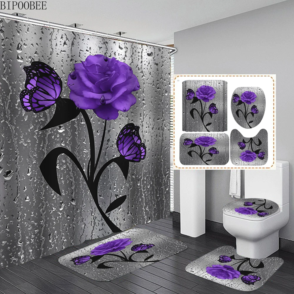 

Purple Butterfly Flower Bathroom Curtains Set Raindrop Rose Toilet Cover Bath Mat Non-Slip Rug Fabric Shower Curtain with Hooks