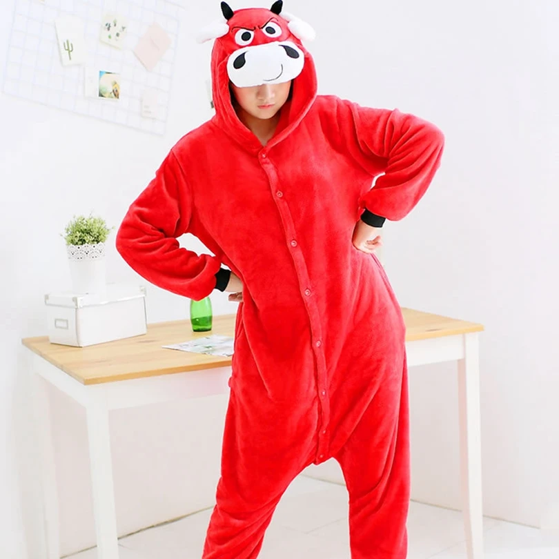 New Adults Animal Pajamas Cartoon Sleepwear Bull OX Pajamas Sets Anime Kigurumi Women Men Warm Flannel Hooded