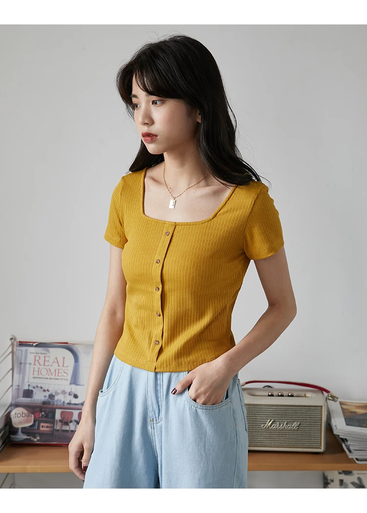 

PS168 Square neck top slim black collar short sleeve T-shirt for female