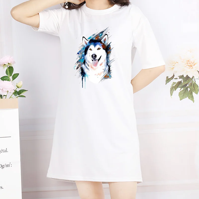 

Summer Vintage Dress Mini Ladies Loose Dog Head Print T-Shirt Dresses Korean Short Sleeve Casual Streetwear Pullover Dress