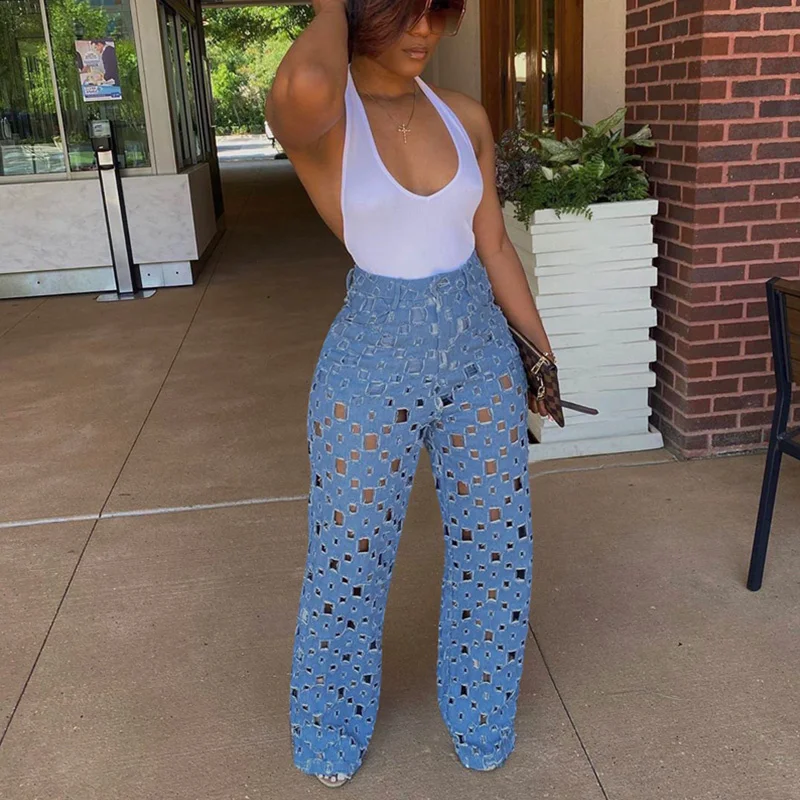 

Women's wide leg high waist jeans, retro style loose pants, women's tear, 2021