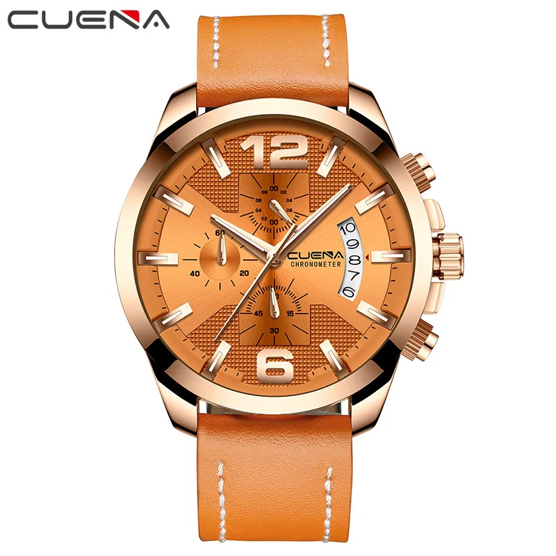 Orange CUENA мужские часы кварцевые часы Секундомер светящиеся стрелки из натуральной кожи ремешок наручные мужские часы Reloj Hombre - Цвет: Orange
