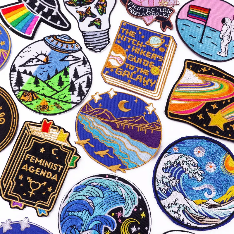 

Space Mountains Applique Van Gogh Waves Embroiderey Patch Iron On Patches For Clothing Stickers UFO Patches On Clothes Badges