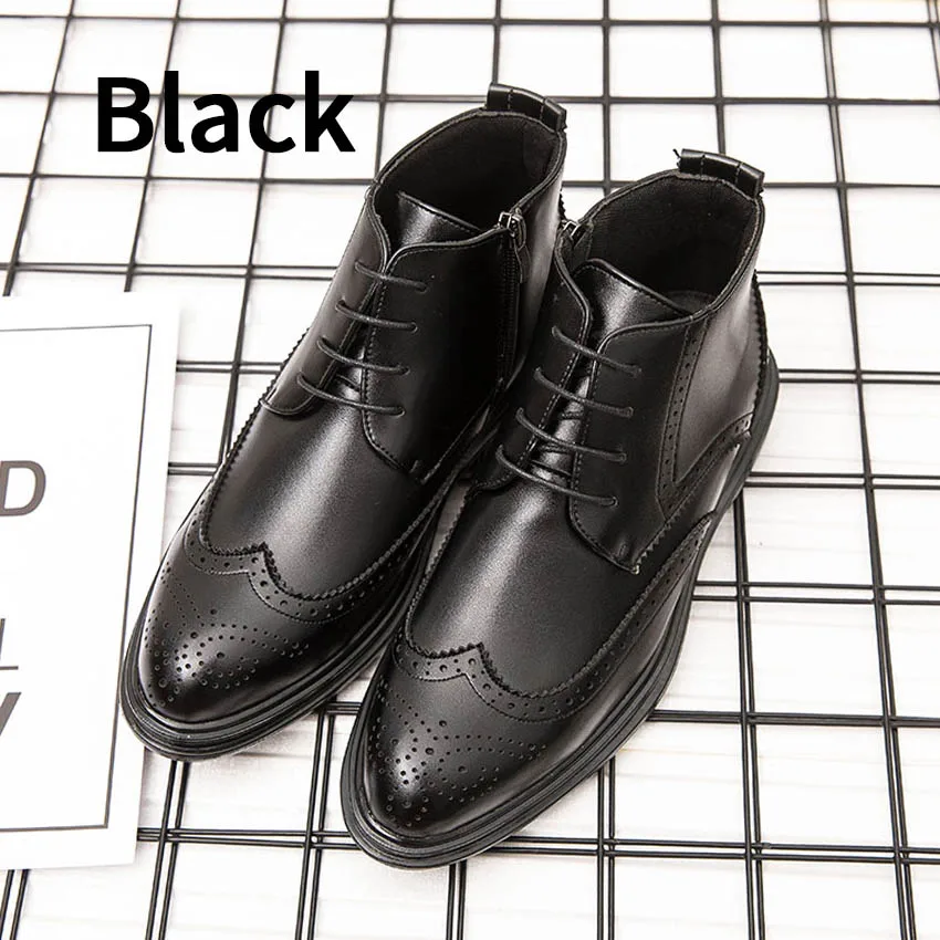Black BIMUDUIYU Autumn New Men Leather Ankle Oxford Boots British Style Male Casual Lace Up Derby Shoes Fashion High Top Brogue Shoes - Цвет: Black
