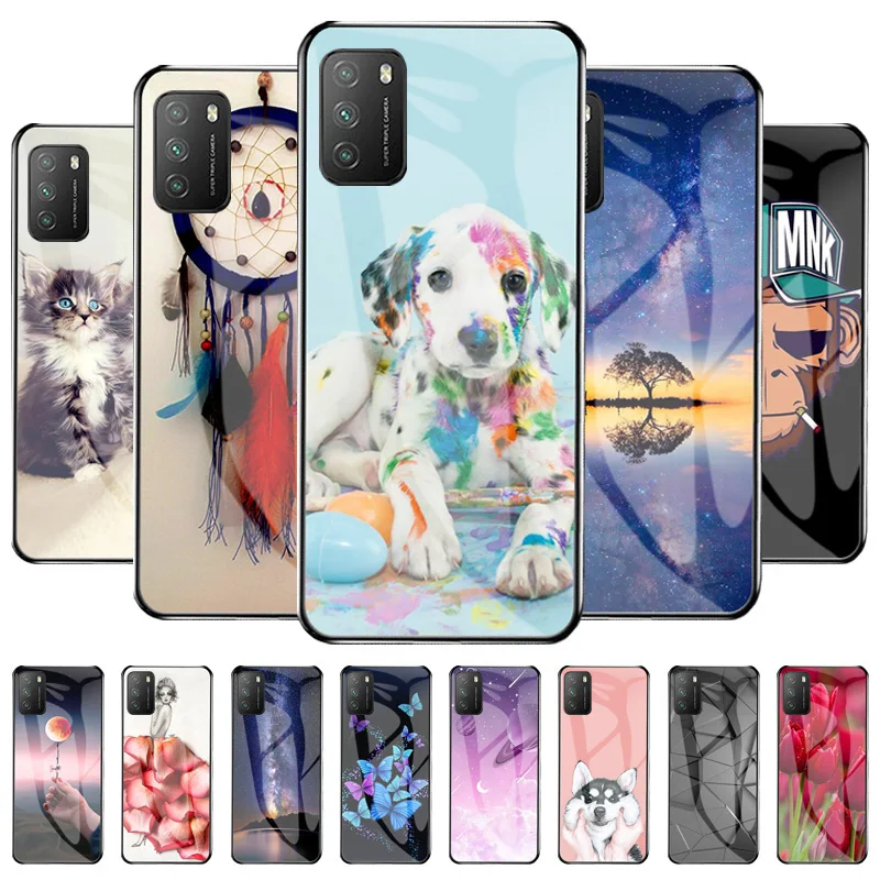 

Tempered Glass Phone Case For Poco X3 Pro Coque Xiaomi Mix 4 Pocophone F3 GT M3 X3 NFC M2 F1 Cover Cartoon Flower Painted Fundas
