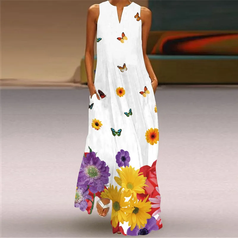 

New White Dress 2021 Casual Plus Size Sleeveless Long Dresses Summer Woman Butterfly Print Girls Beach Maxi Dress Women
