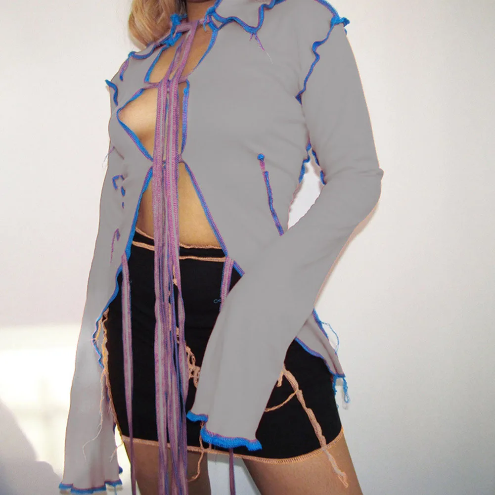 Пикантные лоскутные футболки на шнуровке с завязками спереди женские