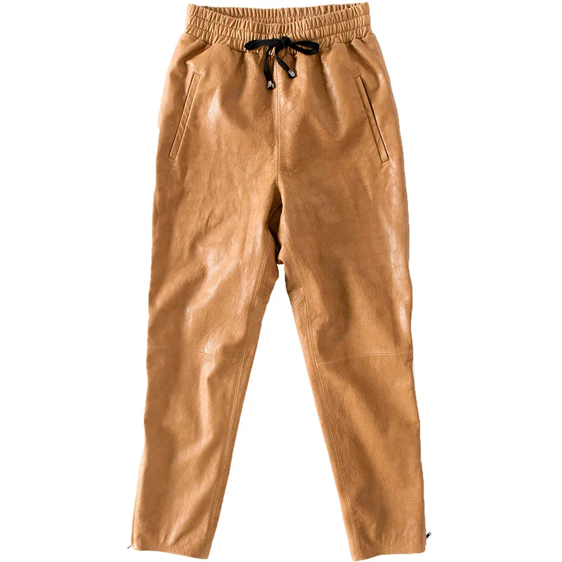 

Casual Womens Elastic Waist Sheepskin Loose Cross Pants Adjustable Waist Pockets Classic Pleated Zippers Genuine Leather Pants