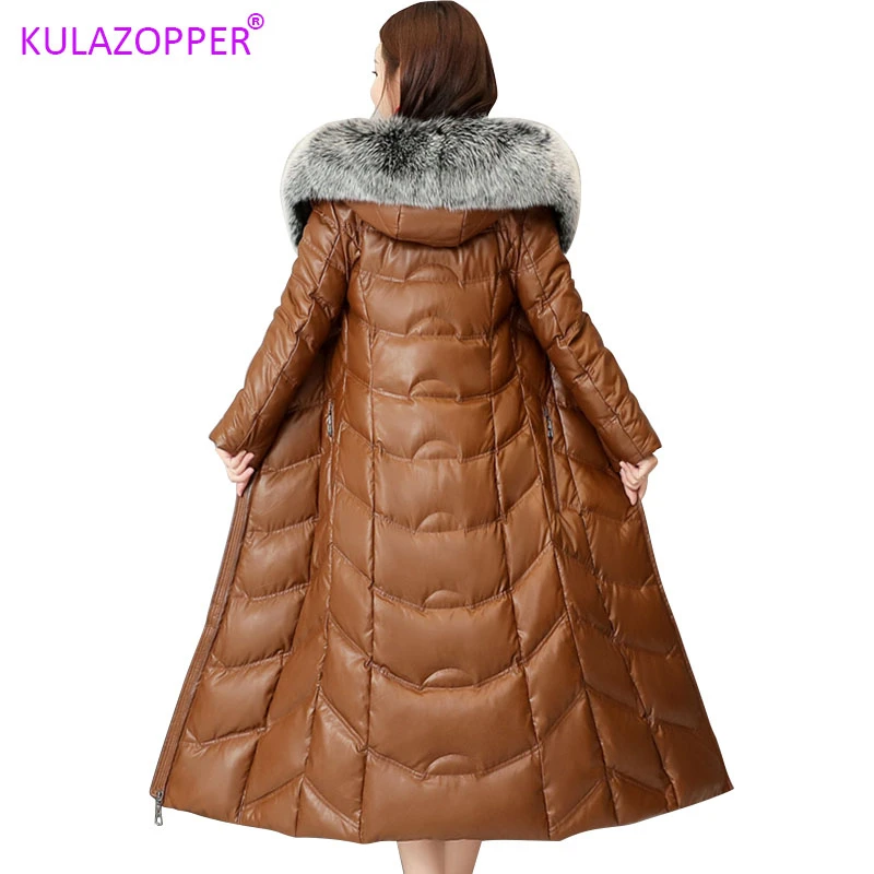 KULAZOPPER/Высококачественная длинная куртка из овечьей кожи, новинка года, зимняя женская куртка на утином пуху с капюшоном и большим лисьим меховым воротником, модель 90% года, LZ043