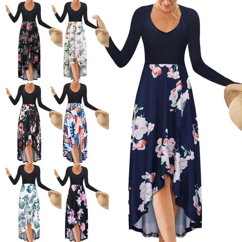 2019 Новое модное женское платье Бохо цветочный длинный рукав вечерняя коктейль