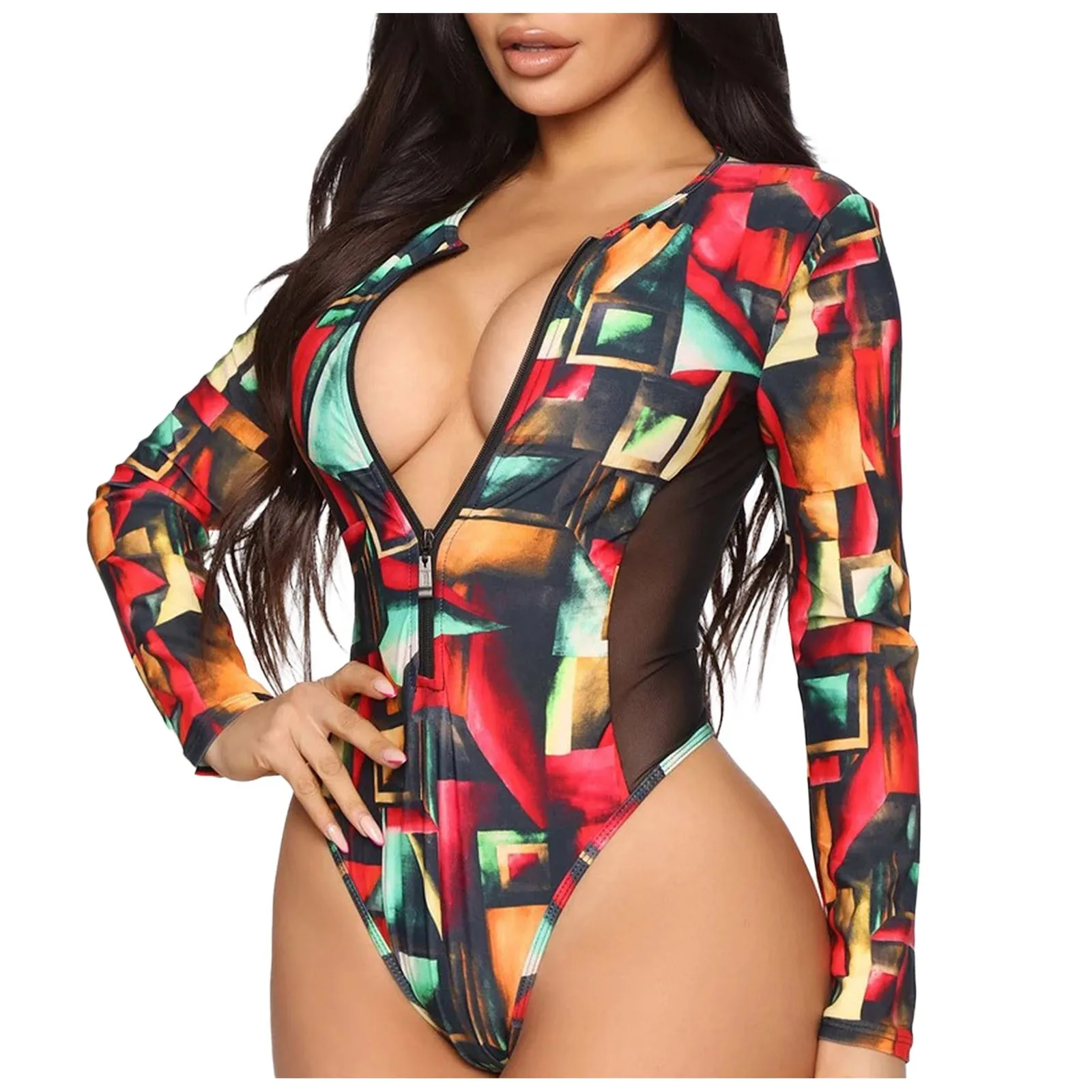 

Women's Sexy Swimwear Zipper Long-Sleeved Colorful Tie-Dye Printed One-Piece Swimsuit Geometric print pattern Swimming Suit