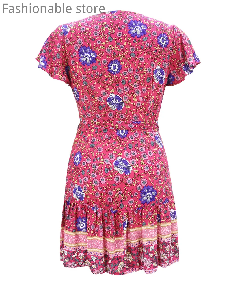 

V-Neck Short Sleeve Floral Dress Bohemian Women High Waist Lace-up A-Line Dress