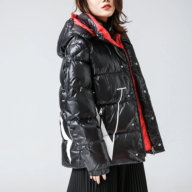 2019 зимний глянцевый водонепроницаемый пуховик с буквенным принтом короткое