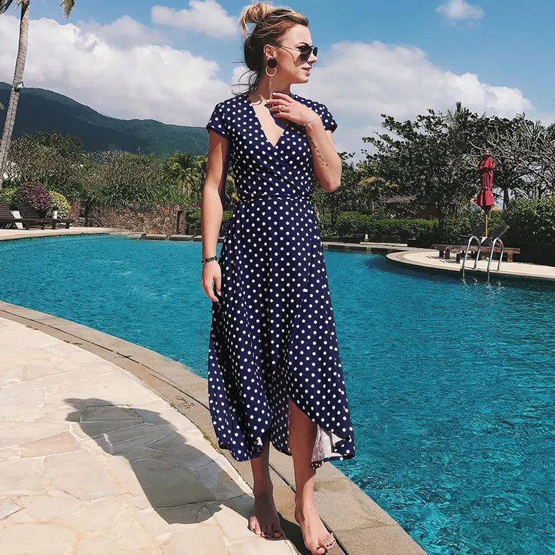 Модное платье в горошек с v образным вырезом элегантные летние Асимметричные