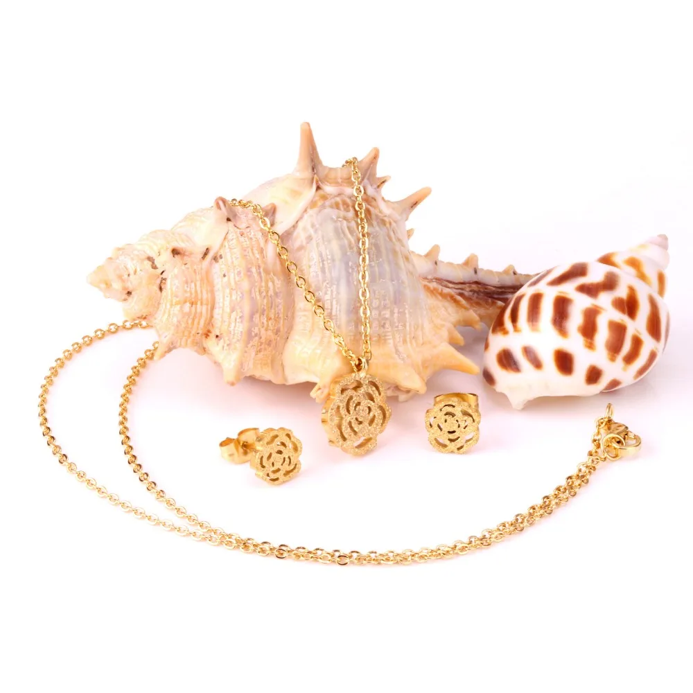 ASONSTEEL Bridal Jewelry Sets Stainless Steel Gold/Silver Color Romantic Flower Shape Pendants Charm Chain Necklace Earring Sets