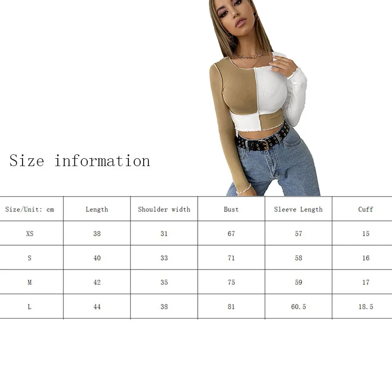 

Sexy Splicing Crop Top Long Sleeve Women Blouse Shirt Cotton Solid Asymmetrical Hem Casual Top Female Blouse Stitching Color