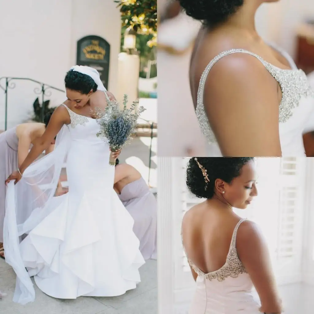 

Mermaid Wedding Dresses Spaghetti Backless Ruffles Sweep Train Plus Size Garden African Bridal Gowns vestido de novia