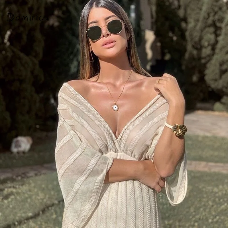 

White Dress Women Sexy Deep V-neck Striped Shawl Sleeves Irregular Micro-transparent High Waist Dress Women Elegant Long Dress
