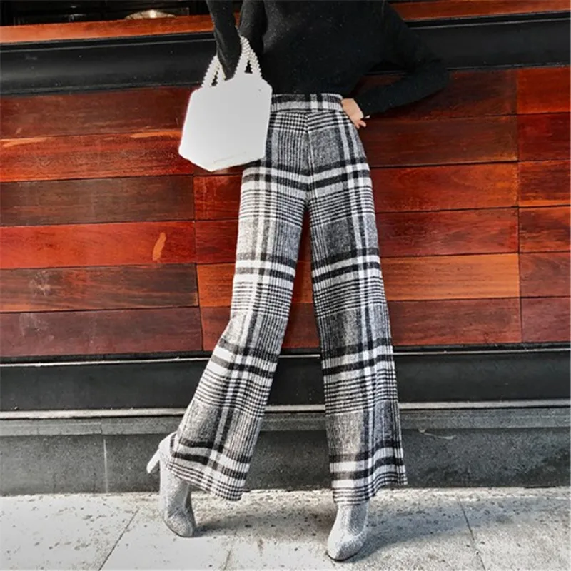 

Клетчатые Шерстяные широкие брюки для женщин Осень Зима повседневные Vantage Высокая талия прямые свободные толстые теплые шерстяные брюки ...