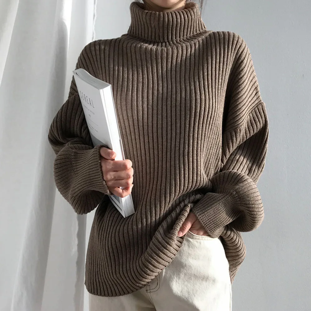 Женский свитер с высоким воротником однотонный Свободный пуловер оверсайз