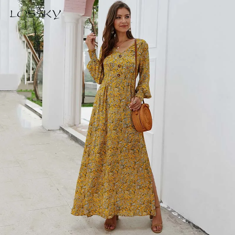 Женское платье с длинным рукавом Lossky желтое v образным вырезом и цветочным