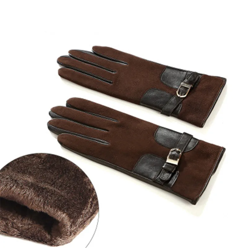 Dark Brown Женские перчатки из натуральной кожи, женские модные перчатки с металлической пряжкой, осенне-зимние замшевые перчатки из овчины с плюшевой подкладкой, 3306 - Цвет: Dark Brown