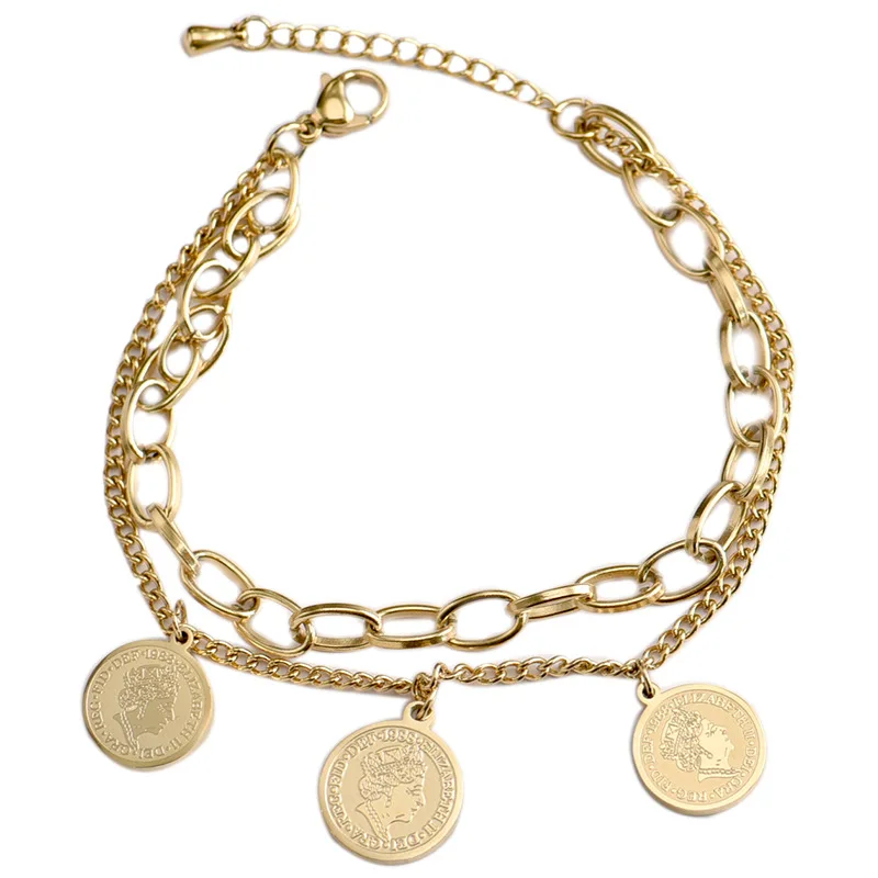 

Stylish Portrait Round Pendant Bangle Bracelet Stainless Steel Jewelry for Women Charm Metal Gold Bracelet Accessories