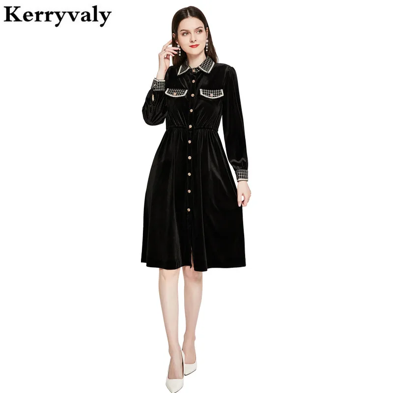 

Autumn Winter Small Fragrance Black Velvet Dress Women Shirt Vinage Midi Office Party Goth Dress vestido de mujer K3132