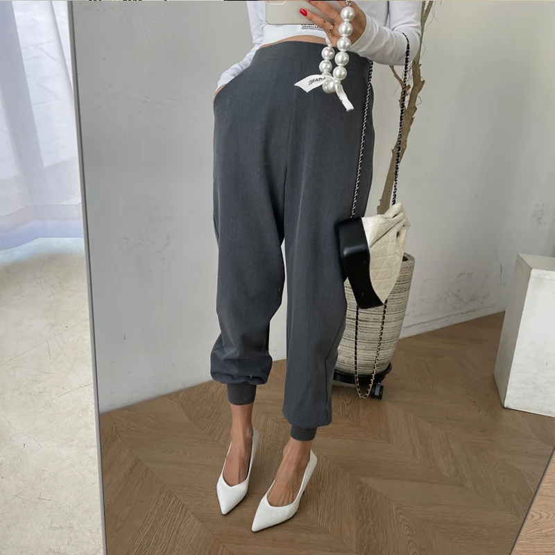 

2021 spring model semi elastic waist retro suit fabric small feet casual pants women