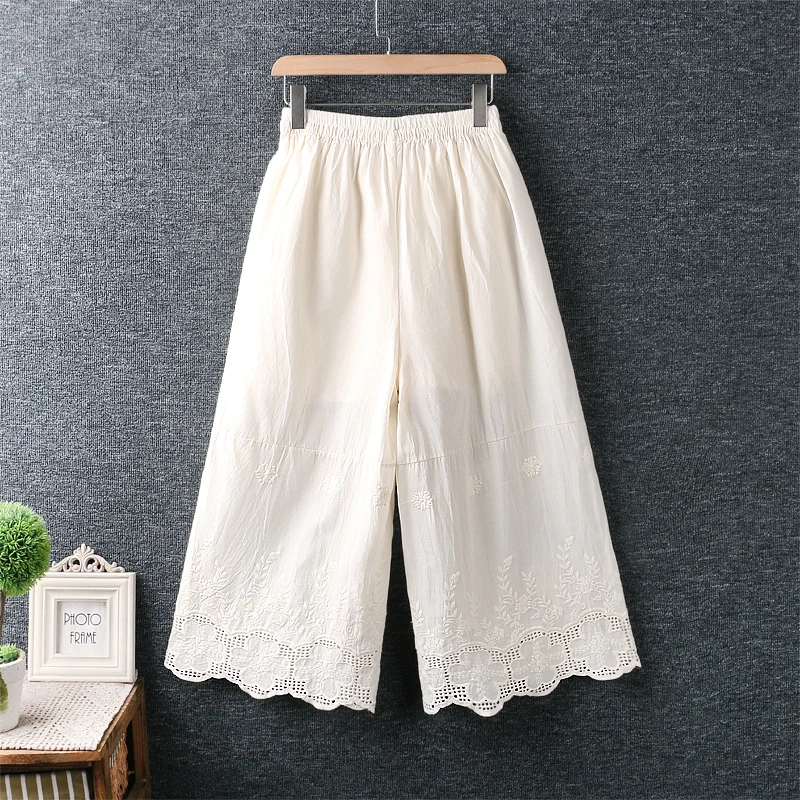 

Lamtrip Literary Artistic Fresh Elastic Waist Flower Embroidery Loose Wide-Leg Pants Cotton Women