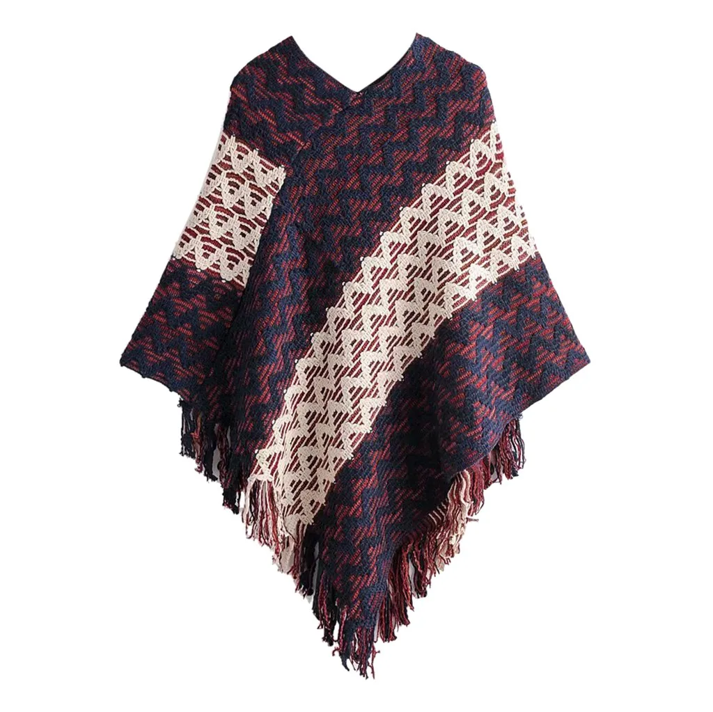 Женская накидка с жемчужным принтом зимний лоскутный свитер бахромой и рукавом