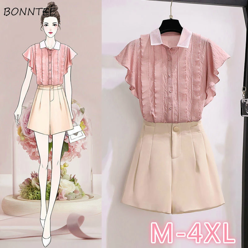 

Women Sets Chiffon Ruffles Elegant Solid Blouses Loose Wide-leg Simple Shorts Sweet Office Lady Fashion Leisure All-match Korean