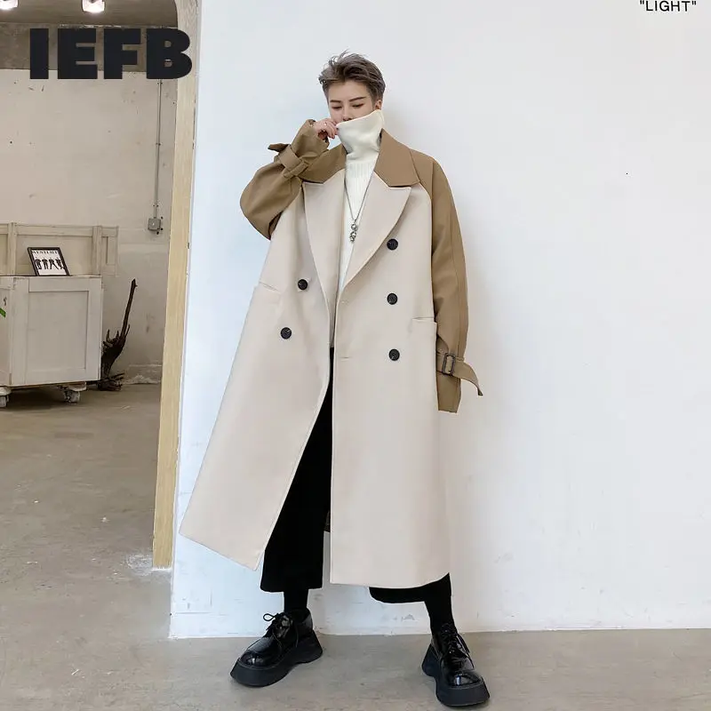 

IEFB /men's wear 2021 Autumn winter double-breasted lapel contrast color mid-length trench coat large size windbreaker 9Y4006