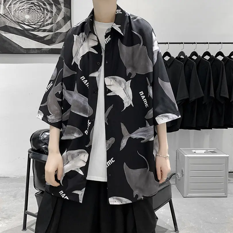 

Japanese literary and art loose drop sense newspaper shirt for men short sleeves summer free ironing wrinkle resistant shirt for