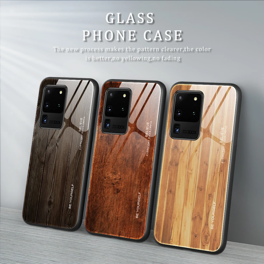 

Luxury Tempered Glass Cases for Samsung S20 S10 S9 Plus Ultra S10e Note 10 Pro Plus 9 Soft Edge Case Wood Grain Hard Back Cover