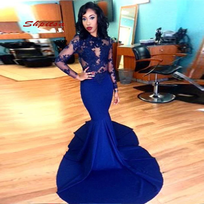 

Женское атласное платье с длинным рукавом, темно-синее кружевное платье-Русалка для выпускного вечера