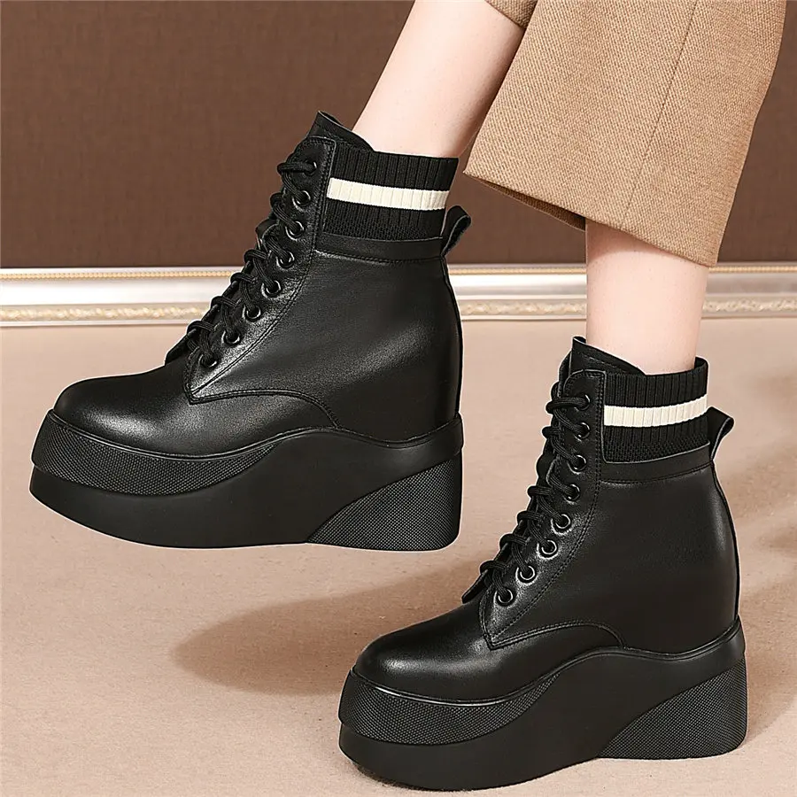 

Lace Up Punk Trainers Women Genuine Leather Wedges High Heel Ankle Boots Female Knitting Round Toe Fashion Sneakers Casual Shoes
