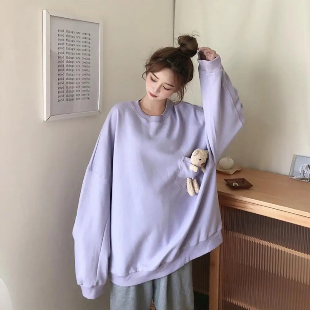 Women Autumn Long Sleeve Pocket Cute Bear Blouse Top O Neck Oversized Sweatshirt Vintage Hoodie Sweetshirt Fashion Zip Casual