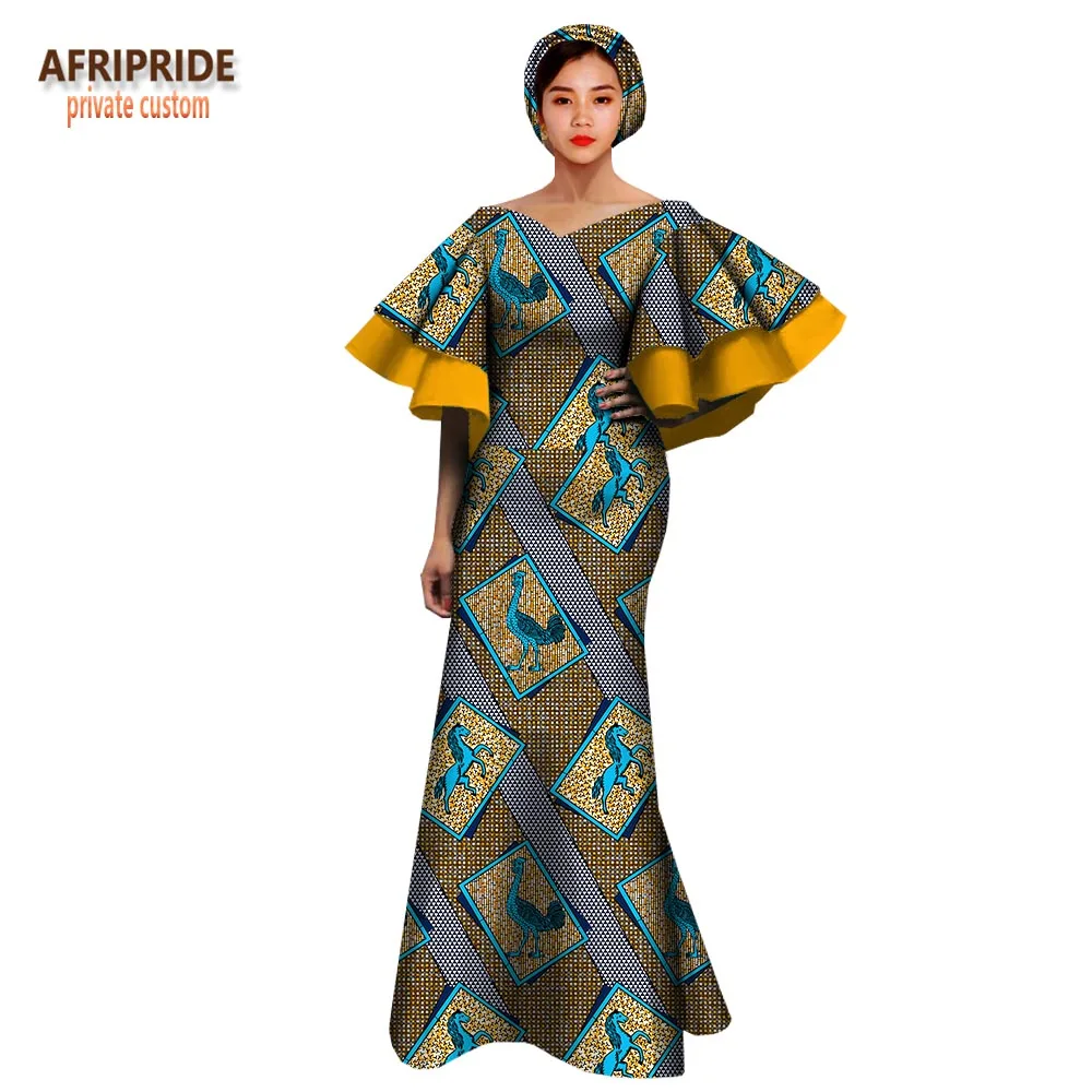 

African traditional spring women dress AFRIPRIDE half flare sleeve floor length trumpet dress for women with scarf A1825024