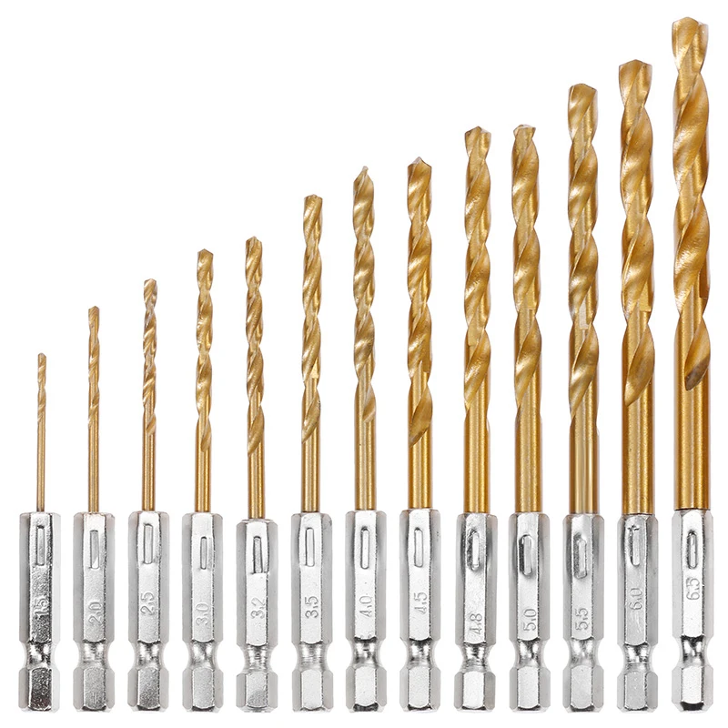 

Oauee 13PCS HSS High Speed Steel Titanium Coated Drill Bit Set 1/4 Hex Shank 1.5-6.5mm Twist Drill bit