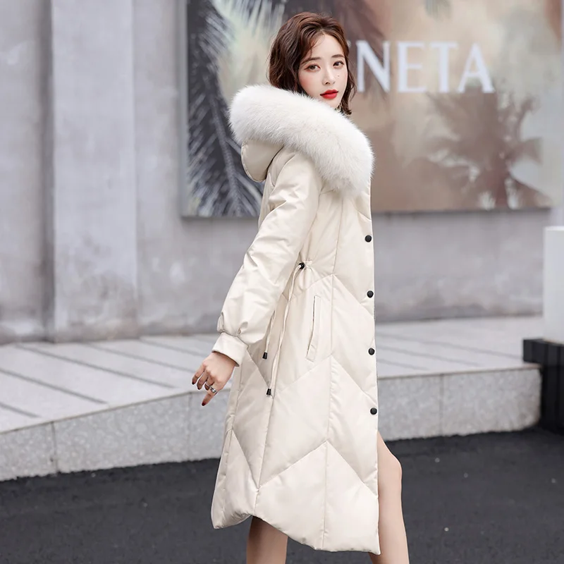 New Women Leather Coat Autumn Winter 2022 Real Fox Fur Collar Drawstring Waist Loose Long Sheepskin Overcoat Leather Down Jacket