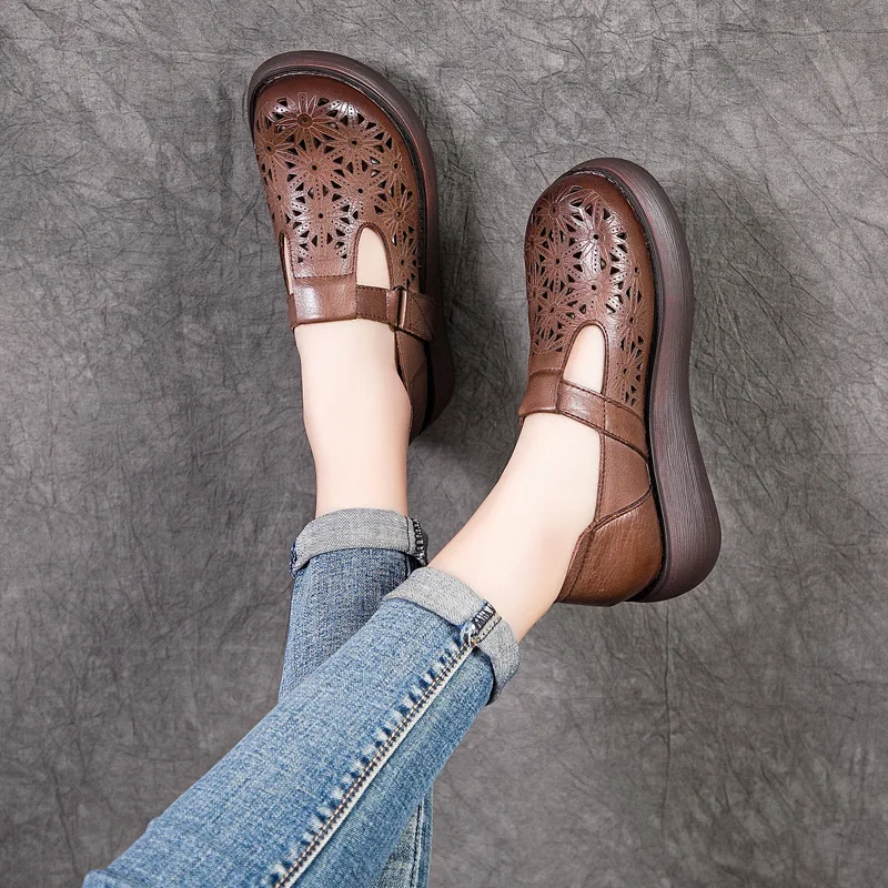 

Summer New Retro Shoes Casual Hollow Women's Sandals Wedge Heel Thick Bottom Shoes Wear-resistant Velcro Cow Leather Shoes