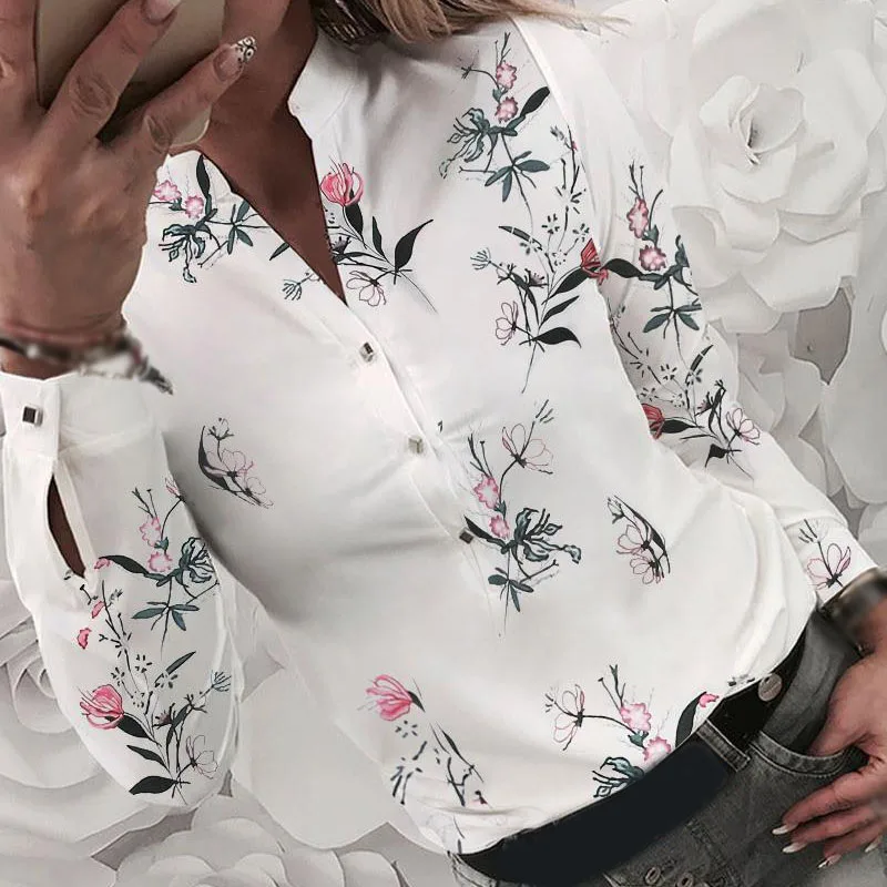 Womens Tops Ladies Blouse Business Lapel Collar Fashion V Neck Formal Slim Floral Plus Size |