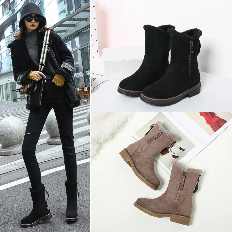 

Women's ankle boots plus size 22-26.5cm Russian winter flock upper + plush lining 30 degrees Increased inner heel gothic shoes